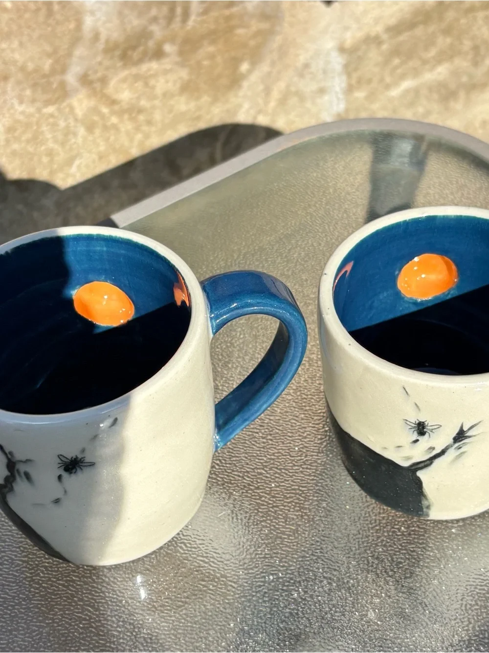 Ceramic 3D Eye Elephant Mugs Black Blue White Color Set of 2, 12 Oz 10 Oz